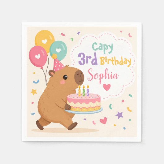 カピバラ かわいい 女の子 Capy 3歳 誕生日 ピンク ケーキ  スタンダードカクテルナプキン (正面)