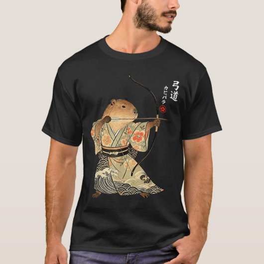 カピバラ+アーチェリー+サムライ+弓道+日本+動物+アート Tシャツ (正面)