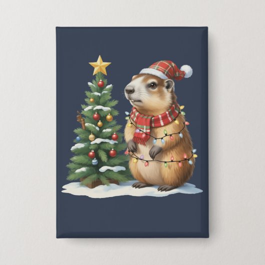 カピバラ クリスマス カピ 動物好き クリスマス 缶バッジ (正面)