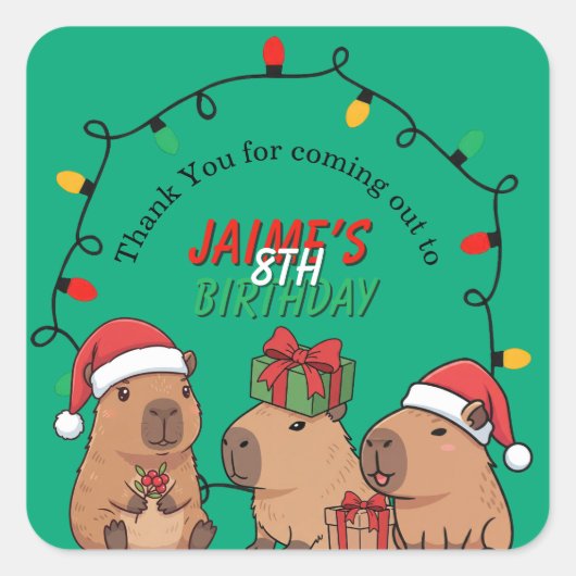 カピバラ クリスマス ライト バースデーパーティー スクエアシール (正面)