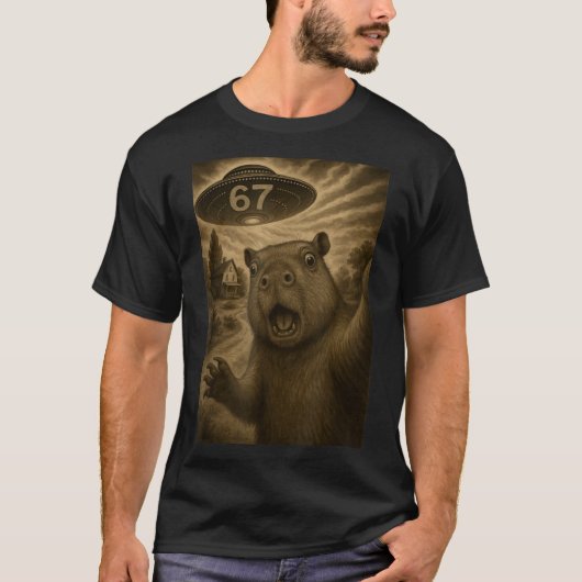 カピバラ セルフィー 67 ミーム ふざけた UFO Tシャツ (正面)