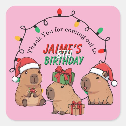 カピバラ ピンク クリスマス 冬の休日 誕生日 スクエアシール (正面)