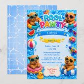 カピバラ プールパーティー 誕生日招待状 招待状 (正面/裏面)