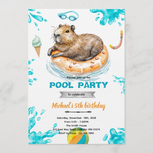 カピバラ プールパーティー 誕生日招待状 招待状 (正面)