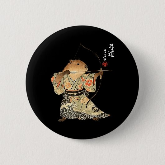 カピバラ 弓道 サムライ 弓道 日本の動物アート 缶バッジ (正面)