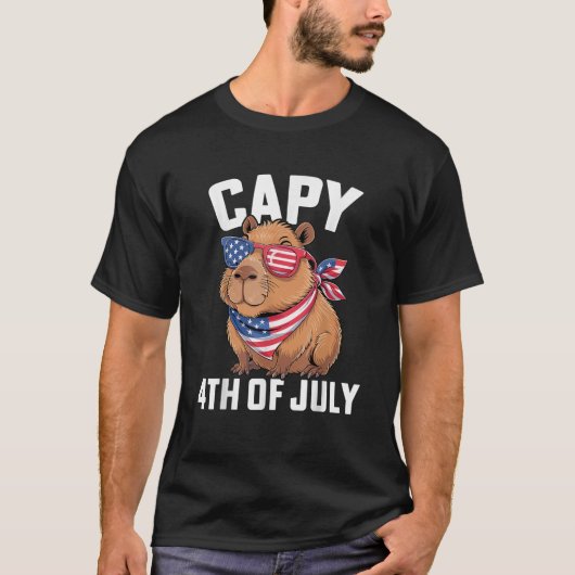 カピバラ 7月4日 アメリカ国旗 サングラス Tシャツ (正面)