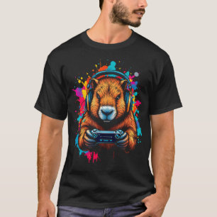 カピバラTシャツ ゲームパッド ヘッドホン ビデオゲーム 面白い Tシャツ