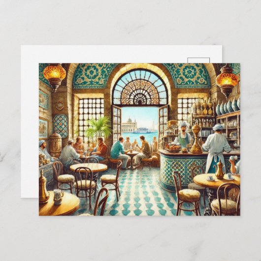 カフェでアレクサンドリアエジプトの水彩色絵を描の ポストカード (正面/裏面)