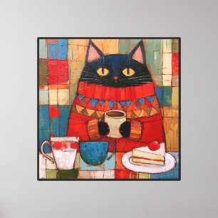 カフェでコーヒーを飲む心地よい黒猫 キャンバスプリント