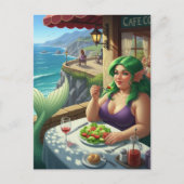 カフェでサラダを食べる人魚の幻想 ポストカード (正面)