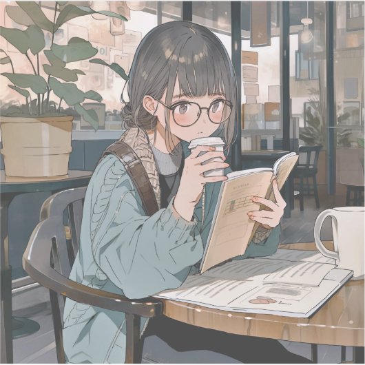 カフェで勉強するJKシール｜寿司娘 GenerativeAI シール (正面)