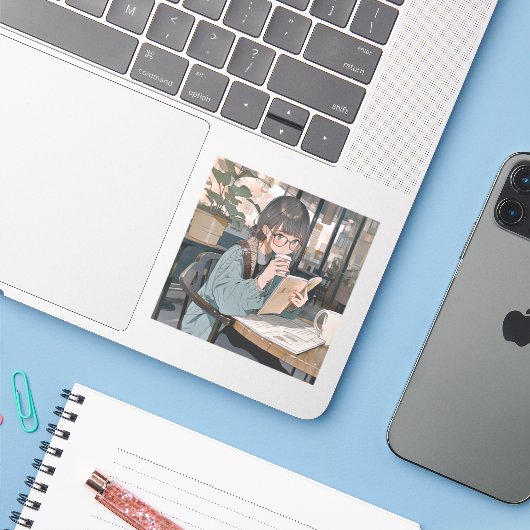 カフェで勉強するJKシール｜寿司娘 GenerativeAI シール (ノートパソコンとiPhone)