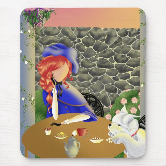 カフェで夕陽を眺める女性と犬 マウスパッド (正面)