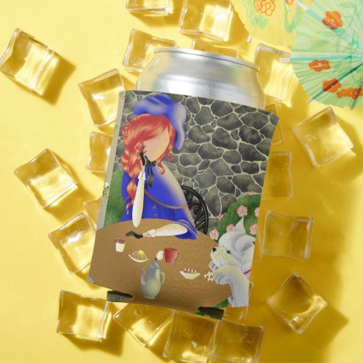 カフェで日没を楽しむ女性と犬 缶クーラー (インサイチュ 夏)