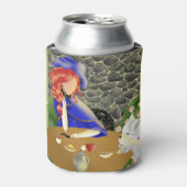 カフェで日没を楽しむ女性と犬 缶クーラー (缶正面)