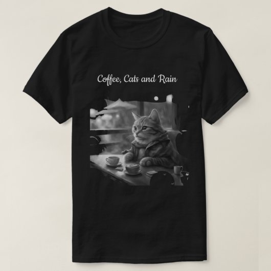 カフェにいる猫 珈琲好きな猫たち 雨の日のカフェ Tシャツ (デザイン正面)