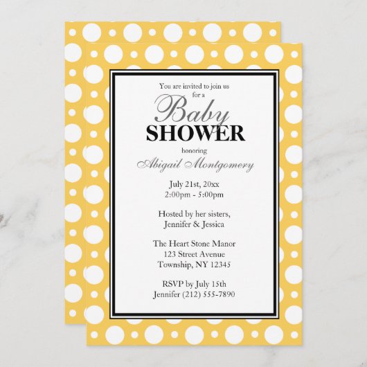 カフェイエローの組み合わせ水玉模様ベビーシャワー 招待状 (正面/裏面)