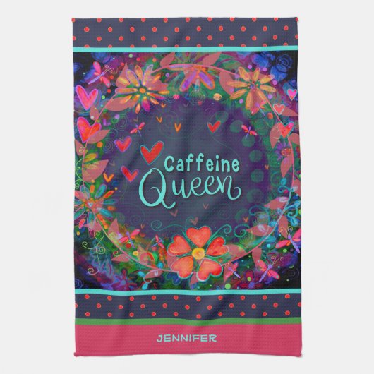 カフェインおもしろいクイーン引用文フローラハート名 キッチンタオル (縦)