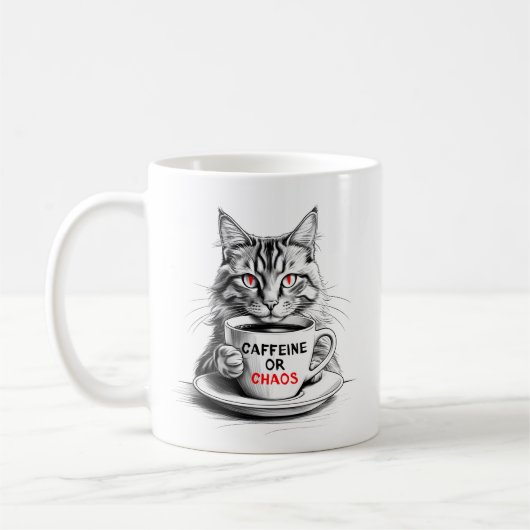 カフェインかカオスか ネコ コーヒー好き マグカップ (左)