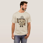 カフェインで目を覚ます かわいい眠そうなコーヒーのマスコットイラスト Tシャツ (正面フル)