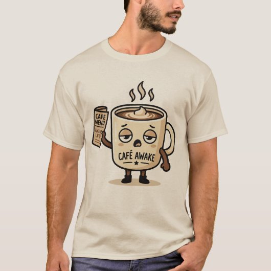 カフェインで目を覚ます かわいい眠そうなコーヒーのマスコットイラスト Tシャツ (正面)