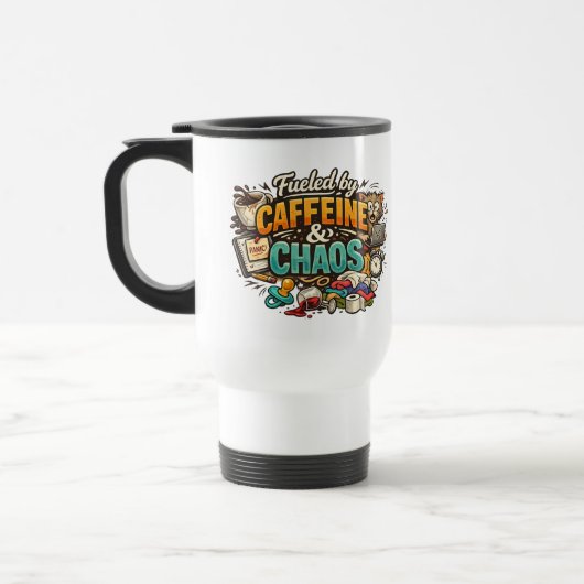 カフェインとカオスに支えられた面白いコーヒーマグ トラベルマグ (左)