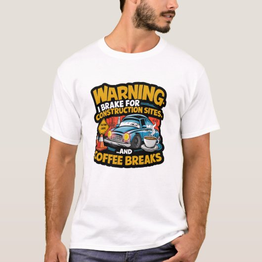 カフェインと建設現場に注意!おもしろデザイン Tシャツ (正面)