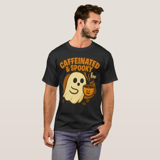 カフェイン中毒のスケアリー・ハロウィンコーヒー・ゴースト Tシャツ (正面フル)