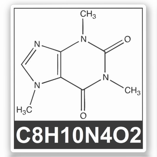 カフェイン分子の構造式 - C8H10N4O2 シール (正面)