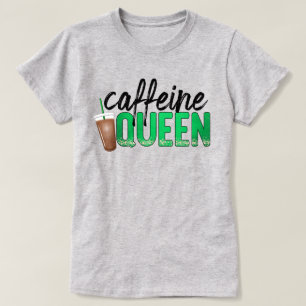 カフェイン・クイーン文字アートとコーヒーカップグラフィック Tシャツ