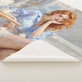 カフェエレガントで青と白の若い女性 シェルパブランケット (3/4)