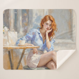 カフェエレガントで青と白の若い女性 シェルパブランケット