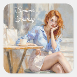 カフェエレガントで青と白の若い女性 スクエアシール