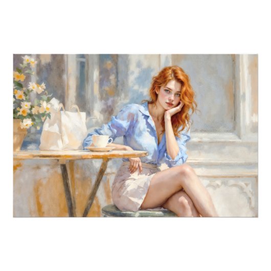 カフェエレガントで青と白の若い女性 フォトプリント            (正面)