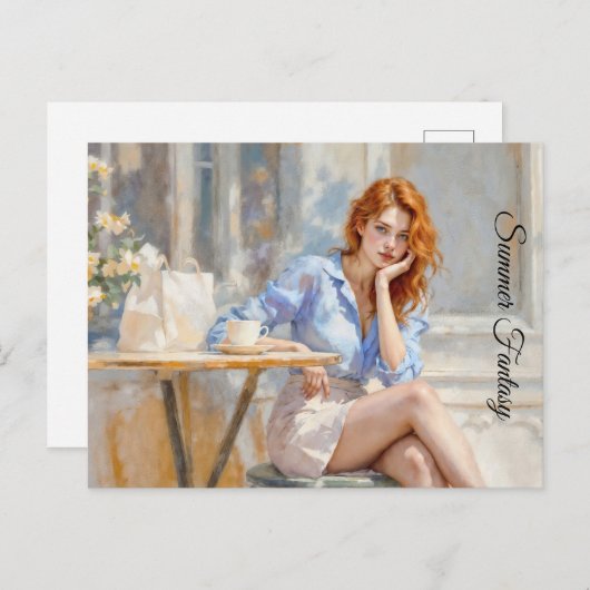 カフェエレガントで青と白の若い女性 ポストカード (正面/裏面)