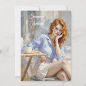 カフェエレガントで青と白の若い女性 招待状 (正面)