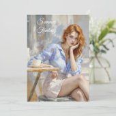 カフェエレガントで青と白の若い女性 招待状 (スタンド正面)