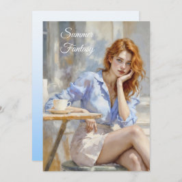 カフェエレガントで青と白の若い女性 招待状