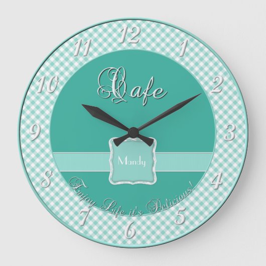 カフェキッチンウォール時計 – チェックスミント ラージ壁時計 (正面)