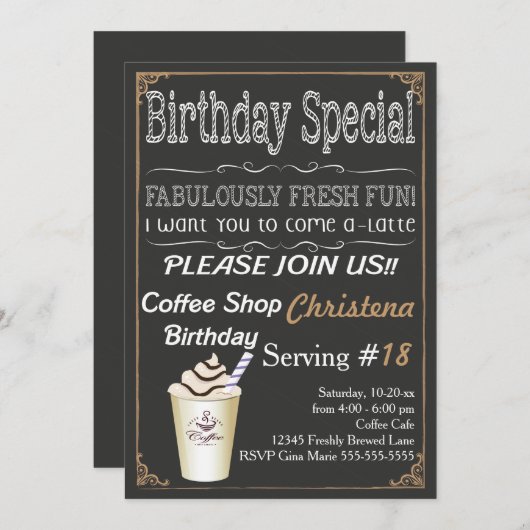 カフェコーヒーショップ誕生日パーティーの招待状 招待状 (正面/裏面)
