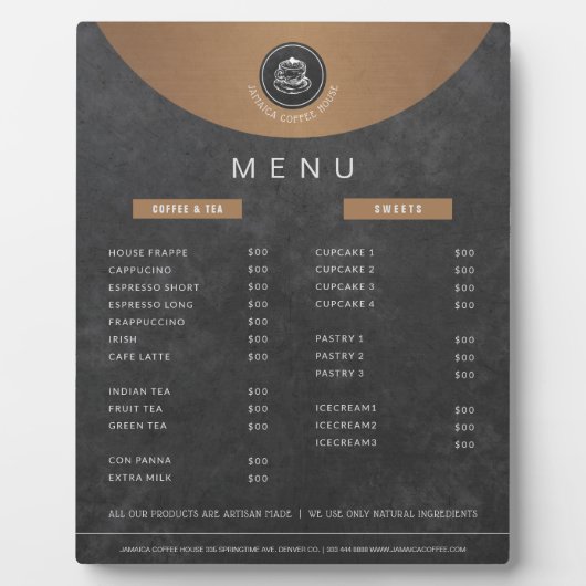 カフェテリアのロゴ銅ブラックシャルボードの価格表 フォトプラーク (正面)