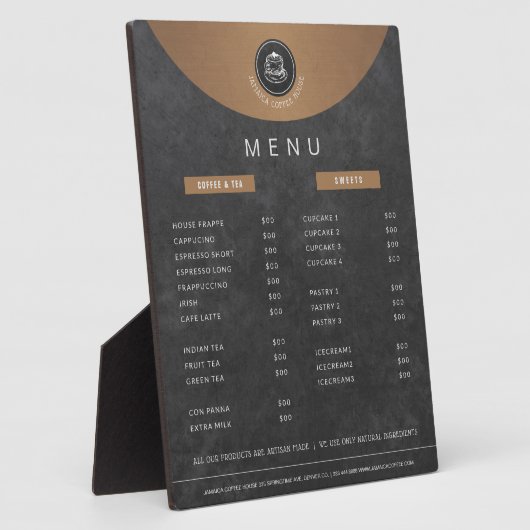 カフェテリアのロゴ銅ブラックシャルボードの価格表 フォトプラーク (側面)