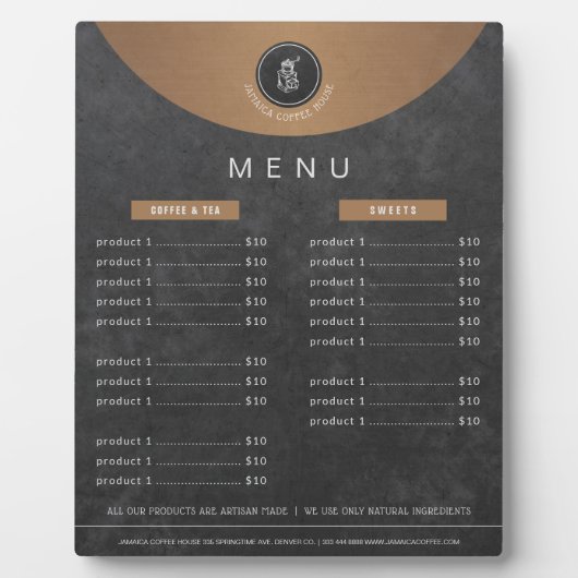 カフェテリアのロゴ銅ブラックシャルボードの価格表 フォトプラーク (正面)