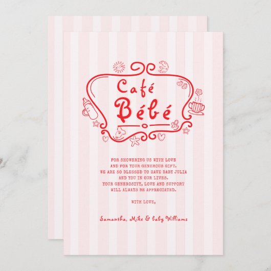 カフェベベーフランスのピモダンックレッドガールベビーシャワー サンキューカード (正面/裏面)