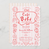 カフェベベーフランスのピモダンックレッドガールベビーシャワー 招待状 (正面/裏面)