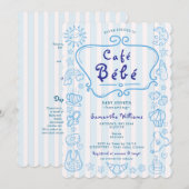 カフェベベーフランスのブルーモダンボーイベビーシャワー 招待状 (正面/裏面)