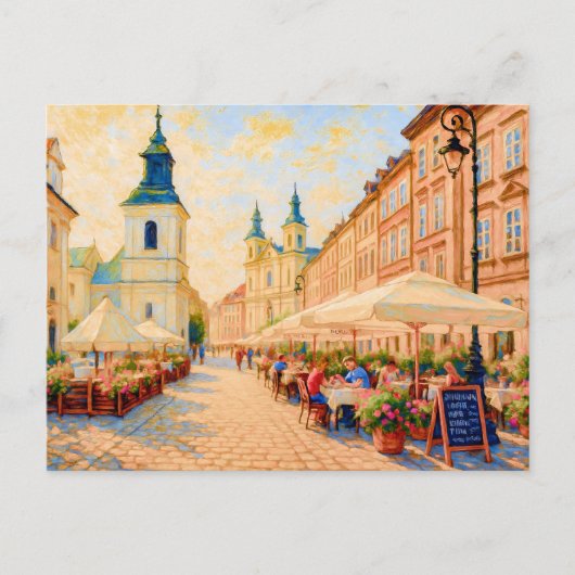 カフェ朝のワルシャワ旧市街 – 油絵 シーズンポストカード (正面)
