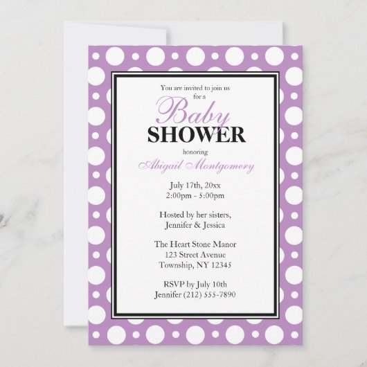 カフェ紫色の詰め合わせ水玉模様ベビーシャワー 招待状 (正面)