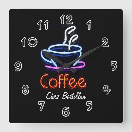 カフェ コーヒー ネオンサイン オーダーメイド スクエア壁時計 (正面)