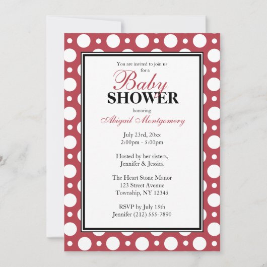 カフェ メルロット レッド ポルカドット ベビーシャワー 招待状 (正面)